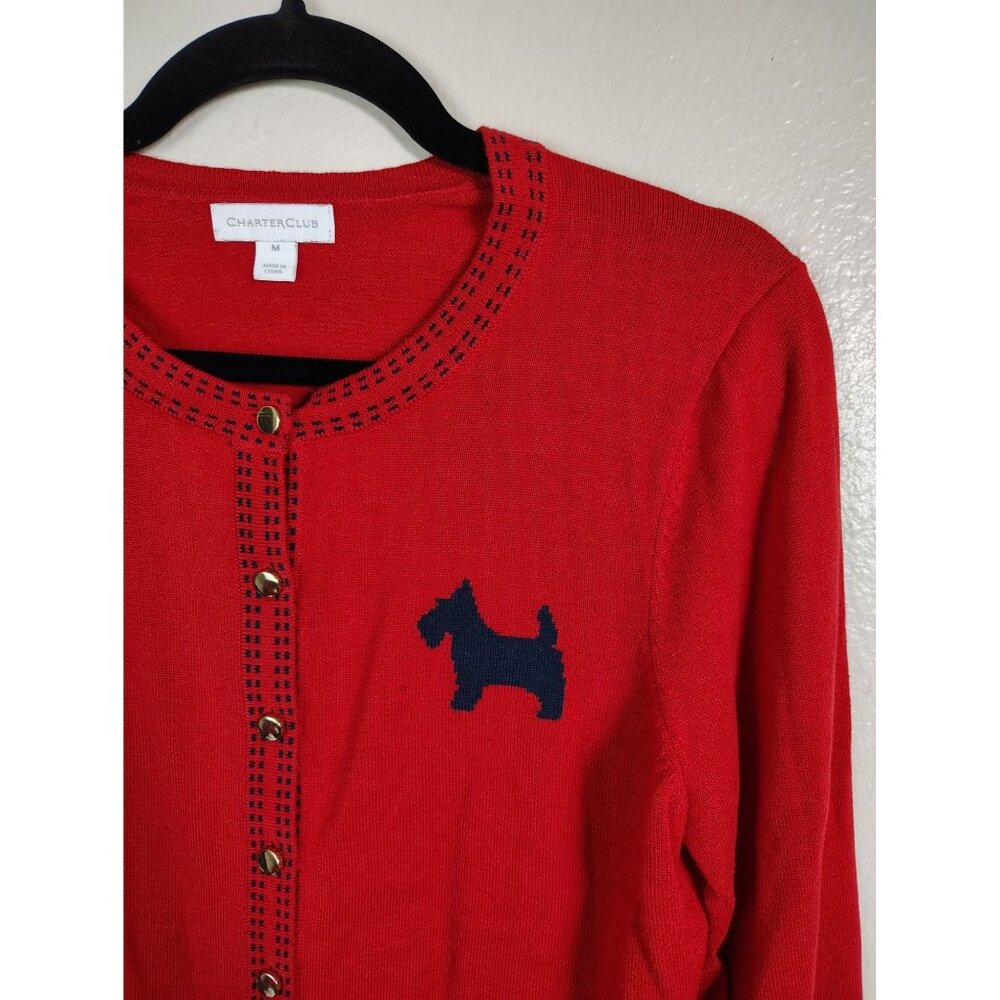 Charter Club Womens Red Button Knit Cardigan Sweater Size Medium Dog Novelty